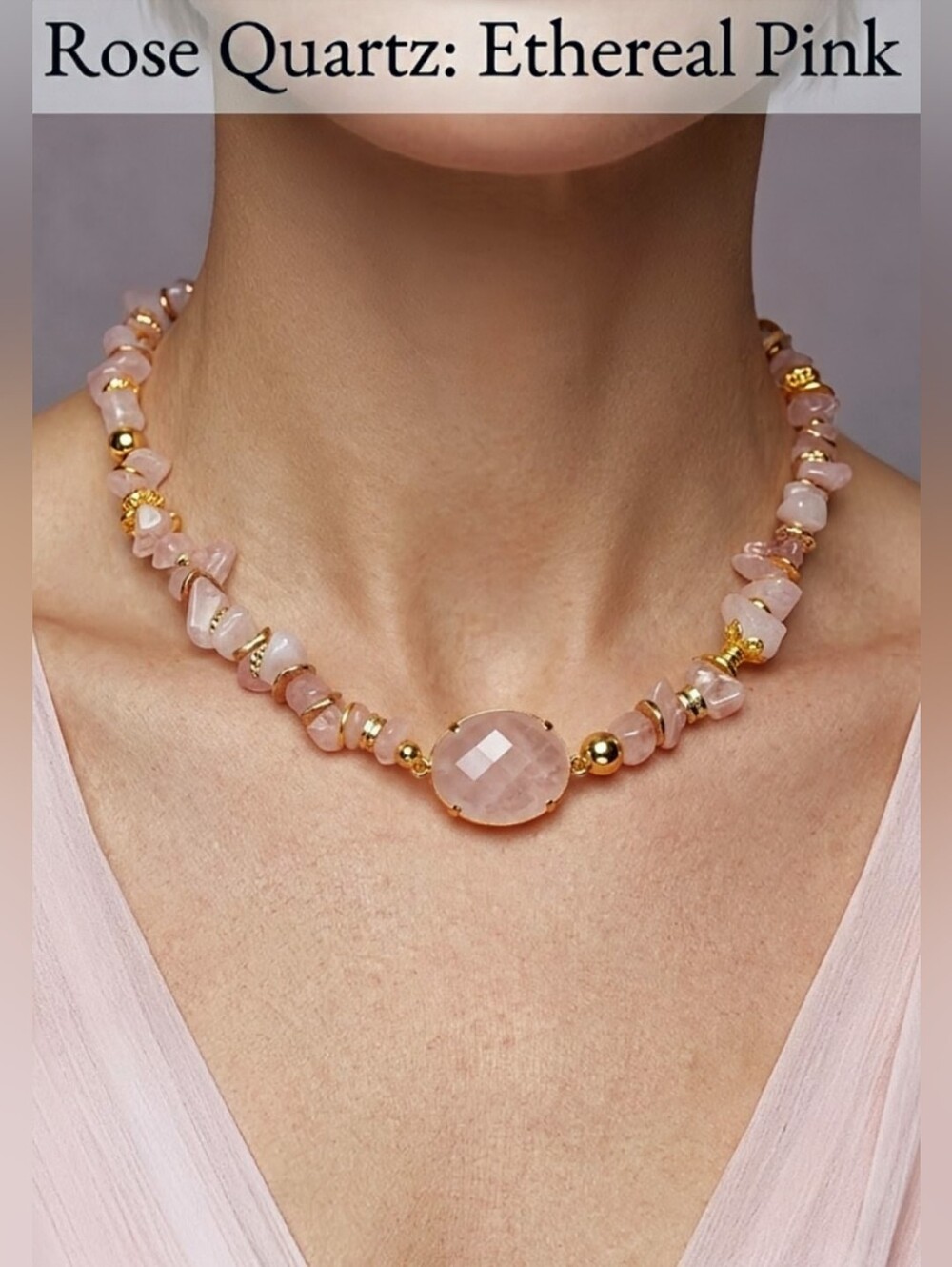 Pink Rose Quartz Stones With Rose Quartz Pendant In 18K Gold Plated Necklace